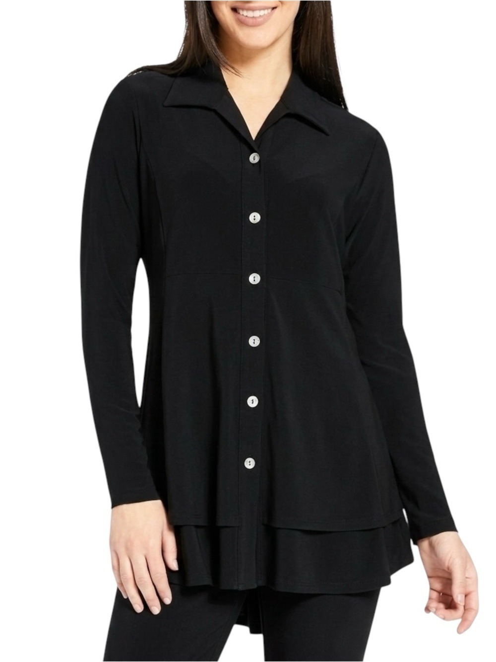 Sympli Charm Button Down Shirt Tiered Tunic Size 8 Black